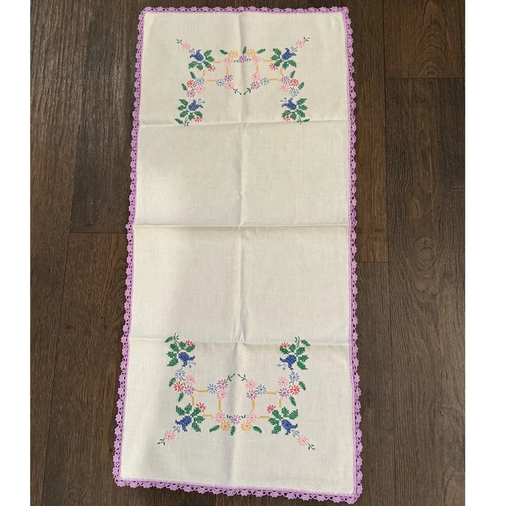 Vintage 42 X 19 Embroidered Floral Cross Stitch Table Runner Purple Crochet Trim